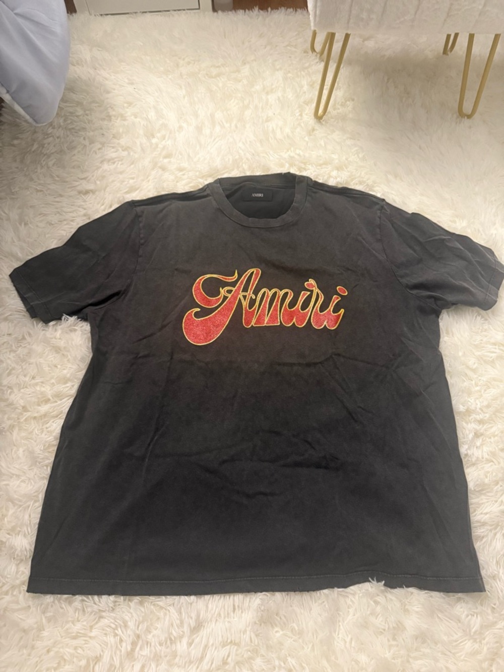 AMIRI Black Tee with Red and Gold Script Logo